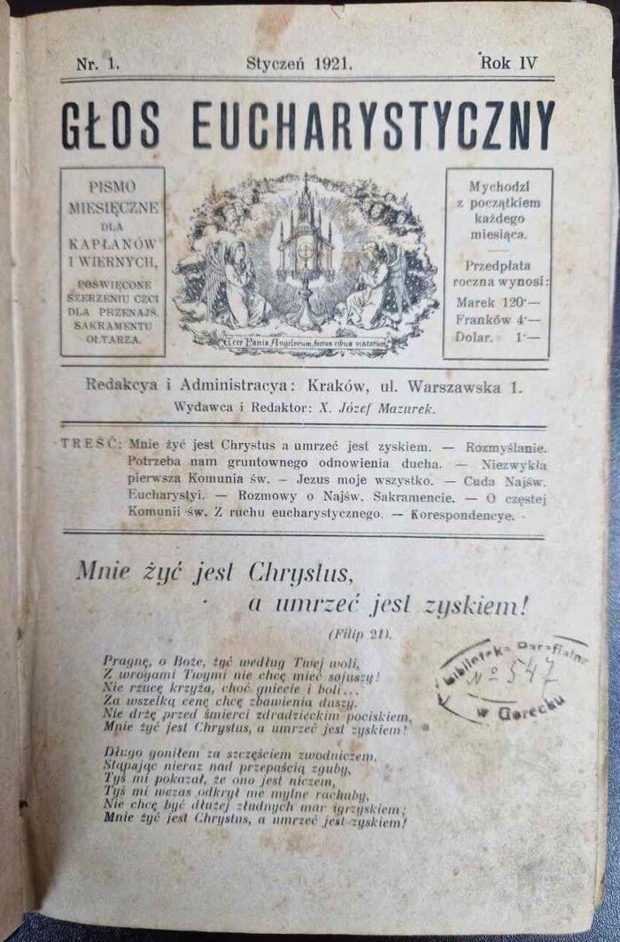 Głos Eucharystyczny, numery z lat 1921-1923 - obrazek 1